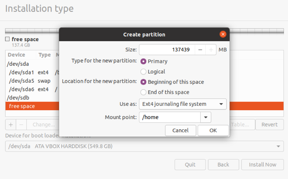 Partition setup